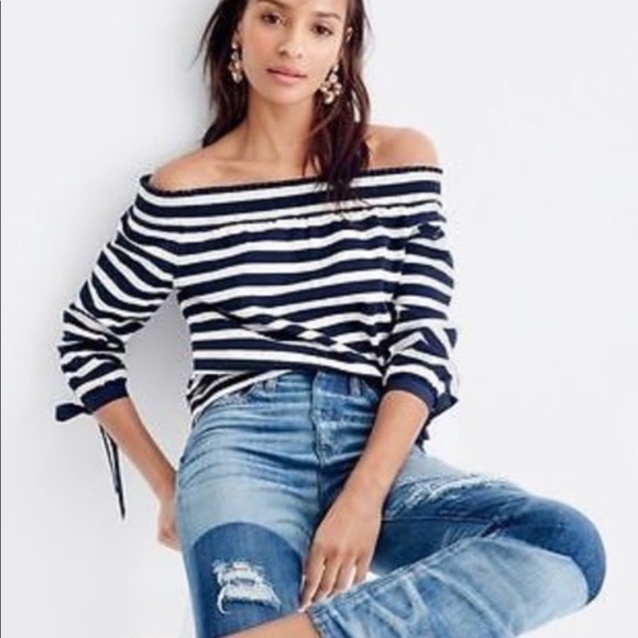J. Crew navy and white off the shoulder top - Picture 2 of 5
